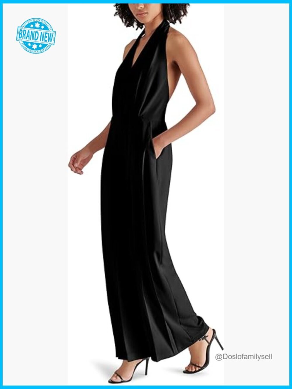 Halter Open-Back Jumpsuit Sleeveless Floor Length with Pockets Crepe Fabric